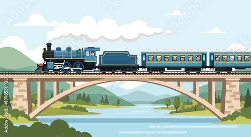 Vintage Steam Locomotive Train Traveling Bridge.