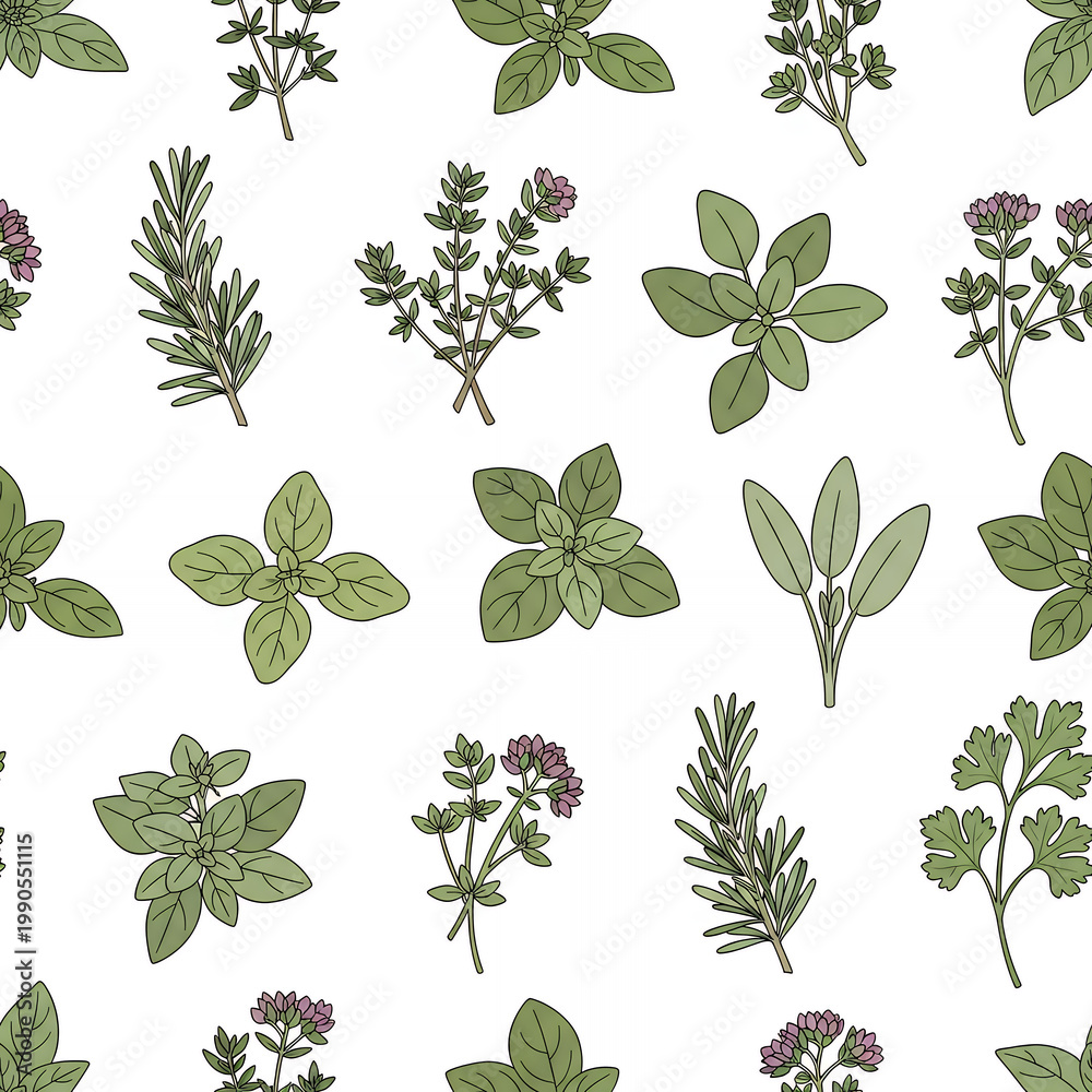 Obraz premium Herbs and leaves pattern on white background