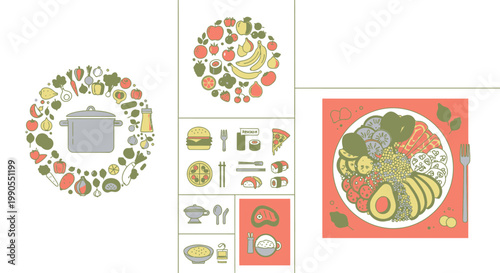 Variety of colorful food plates.