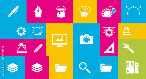 Colorful icons of creative design tools.