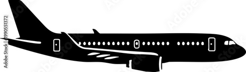 Black Silhouette of Commercial Passenger Airplane Isolated on White