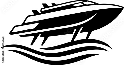 Modern hydrofoil boat silhouette vector icon on waves
