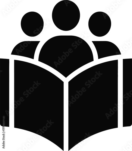 Group reading book silhouette icon in bold black style representing education, learning, teamwork, knowledge sharing, study group, school concept, literacy, collaboration, 