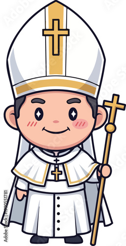 A cheerful cartoon illustration of Pope dressed in white religious attire holding a cross staff.