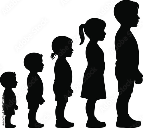 Human growth stages silhouette icon in bold black style representing life cycle, child to adult development, aging process, growth progression, family concept, education, evolution, 
