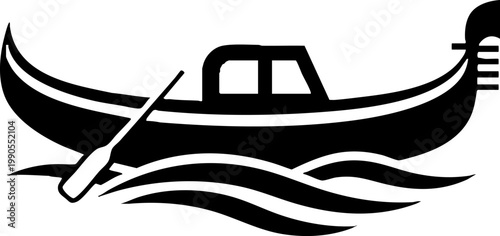 Black Venetian gondola silhouette on water waves with oar icon
