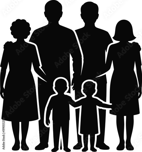 Detailed black silhouette vector artwork of a large family including a mother father and two young children standing together in a row representing family bonds unity love togetherness and parenthood
