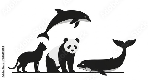 Collection of Diverse Animal Silhouettes Including Dolphin Panda Cat and Whales.