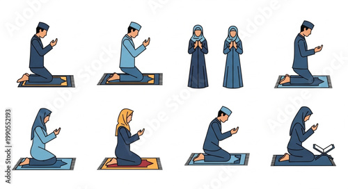 Muslim men and women praying on prayer mats.