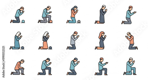 Diverse people praying kneeling in prayer diverse poses.