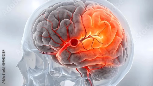 Medical Illustration of Human Brain with Highlighted Injured Area and Blood Vessels in a Transparent Skull Displaying Neurological Distress and
