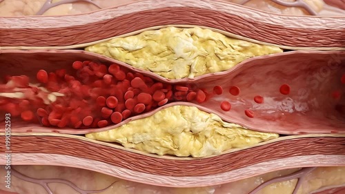 Cross section of human artery showing plaque buildup cholesterol deposits narrowing blood flow with red blood cells