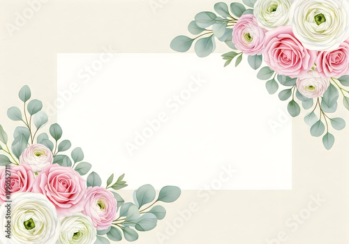 Elegant floral frame with pink roses and white ranunculus
