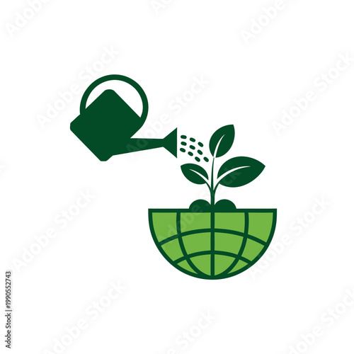 Green globe with plant being watered by can  eco friendly concept