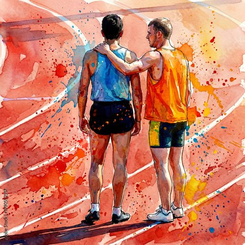 Inspiring painted illustration of blind sprint runner and guide on racetrack. Trust and teamwork in adaptive sports competition.
