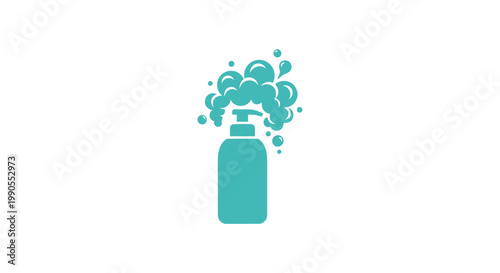 Teal Soap Dispenser Exploding with Bubbles and Foam, Dynamic Cleaning Concept, Isolated White Background