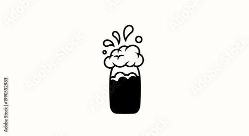Black Bottle or Cup with Overflowing White Foam and Bubbles, Fizzy Drink, Isolated White Background