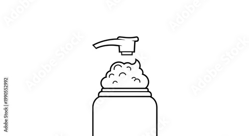 Outline of Soap Dispenser Pumping White Foam, Minimalist Hygiene Icon, Isolated White Background