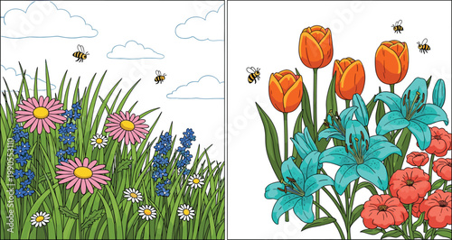 Garden Flower and Honey Bee Vector Illustration Set Featuring Colorful Tulips Lilies Daisies and Wildflowers with Flying Bees and Summer Meadow Scenery for Botanical Nature Design Projects