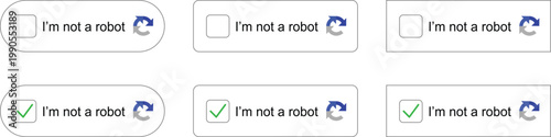 Captcha verification icon set with check mark and i'm not a robot text. User interface security elements for website login and bot protection. Cybersecurity validation button design collection.