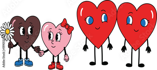 Set of Four Vintage Cartoon Heart Characters in 1930s Rubber Hose Style with Legs Faces and Flower for Retro Valentine's Day or Wedding Illustration and Design