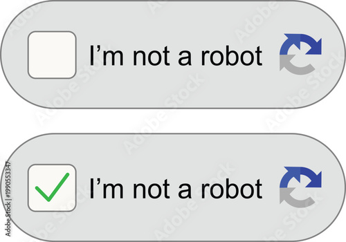 Captcha verification icon set with check mark and i'm not a robot text. User interface security elements for website login and bot protection. Cybersecurity validation button design collection.
