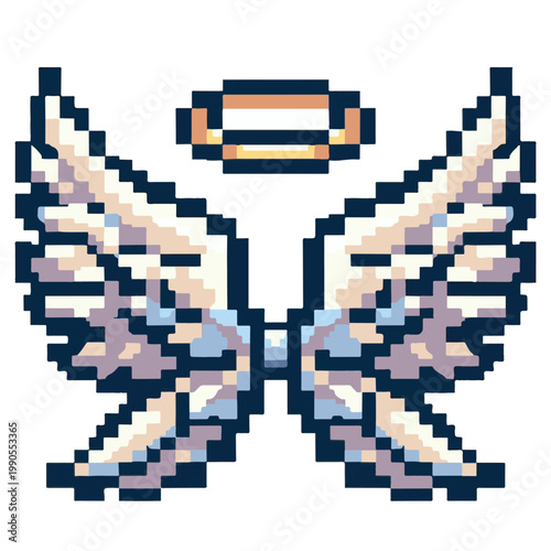 Pixel art angel wings and halo, a divine celestial symbol of heavenly grace and spiritual beauty