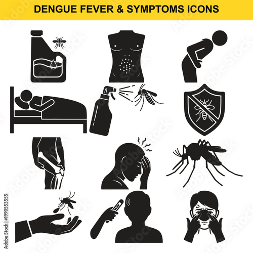 Dengue Fever Symptoms Icon Set Including Fever Headache Rash Joint Pain Medical Silhouette Icons for Healthcare Awareness Diagnosis Education and Tropical Disease Information Graphics