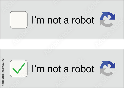Captcha verification icon set with check mark and i'm not a robot text. User interface security elements for website login and bot protection. Cybersecurity validation button design collection.