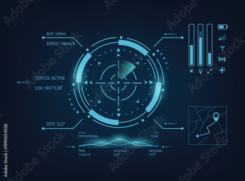 Futuristic blue HUD interface featuring a central radar scanner, digital telemetry data, GPS map tracking, and signal strength bars on a dark tech background for aviation
