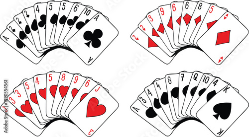 Set of Four Playing Card Fans with All Suits Including Hearts Diamonds Clubs and Spades