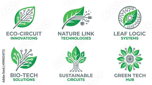 Eco-Tech Fusion: A collection of innovative logos, each masterfully merging the organic allure of leaves with the intricate pathways of circuits, symbolizing a commitment to eco-friendly technology.