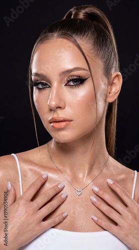 Young woman posing confidently with elegant makeup against a dark background