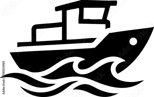 Fishing Boat Silhouette Icon with Sea Waves Graphic