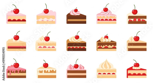 Collection of Delicious Slices of Cake with Cherry Topping.