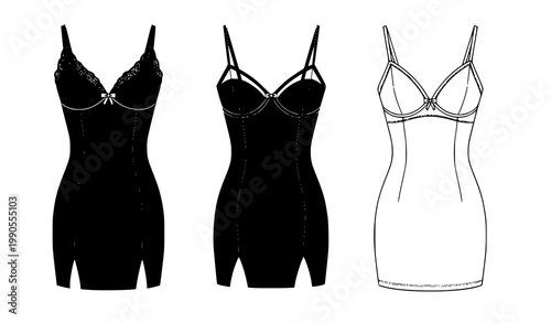 Black and white bra dress fashion vector set with elegant monochrome apparel designs