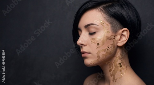 Woman with futuristic body art in a contemplative pose against a dark background