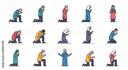 Diverse people praying kneeling in different religious attire.