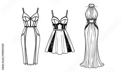 Trendy black and white bra dress collection monochrome fashion vector artwork