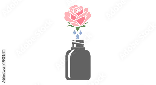 Pink Rose Essence Infusing into Dark Cosmetic Bottle, Isolated White Background