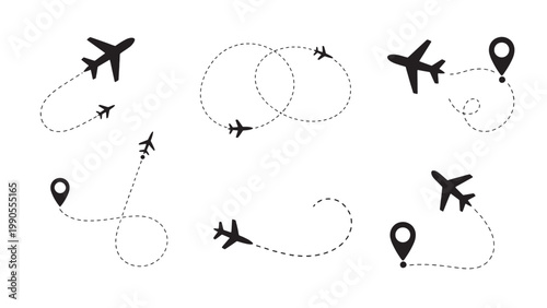 A collection of airplanes flying in different directions with location markers Vector