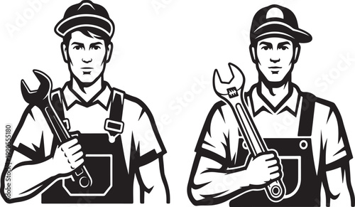 A black and white illustration of a mechanic holding a large wrench, wearing overalls and a cap, isolated on white background