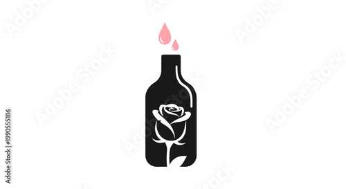 Elegant dark bottle with a stylized rose and a single pink drop, indicating a potent natural floral essence or perfume, isolated white background.