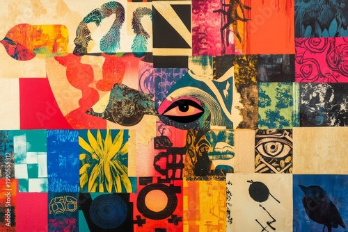 Vibrant abstract collage with eye motif in multicolor patterns