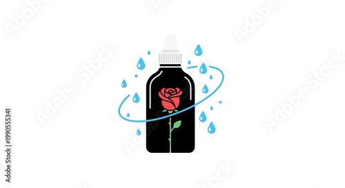 Black bottle with red rose and water drops in a circular ripple, representing natural skincare, isolated white background.