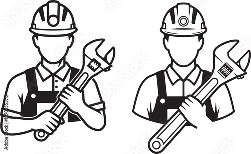 A black and white illustration of a worker holding a large adjustable wrench while wearing a hard hat and overalls on white background