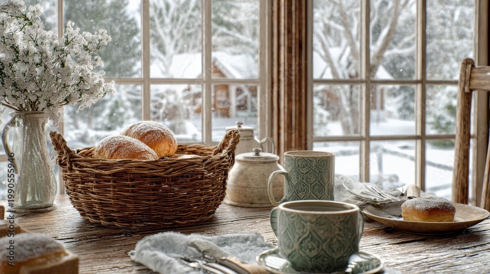 Fototapeta premium Cottage winter breakfast setting with basket