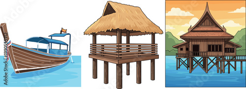 Coastal Waterfront Architecture Vector Illustration Featuring Wooden Boat, Thatched Hut on Stilts, and Traditional Stilt House with Scenic Mountain Sunset Background