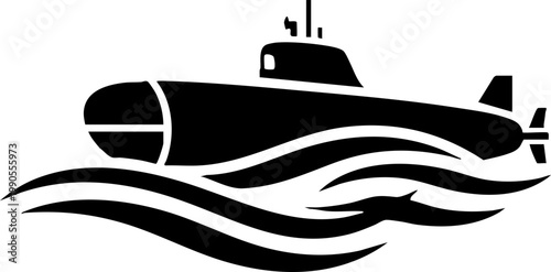 Black submarine silhouette on sea waves icon