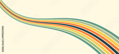 Abstract colorful 70s background vector. Vintage retro wallpaper with rainbow stripes and wavy lines. A 1970 color illustration suitable for posters, banners, decorative items and wall art.